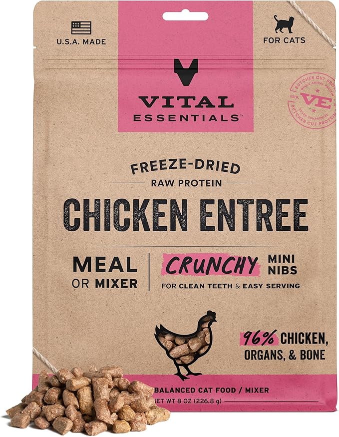 Vital Essentials Freeze Dried Raw Cat Food, Chicken Mini Nibs Entree, 8 oz