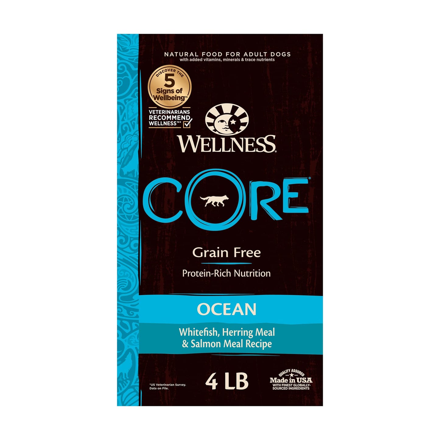 Wellness Core Grain - Free High - Protein Dry Dog Food – Ocean Whitefish, Herring & Salmon Recipe, 4 lb Bag | Natural Ingredients for Adult Dogs