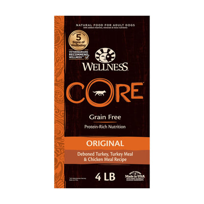 Wellness Core Grain - Free High - Protein Dry Dog Food – Original Turkey & Chicken Recipe, 4 lb Bag | Natural Ingredients for Adult Dogs