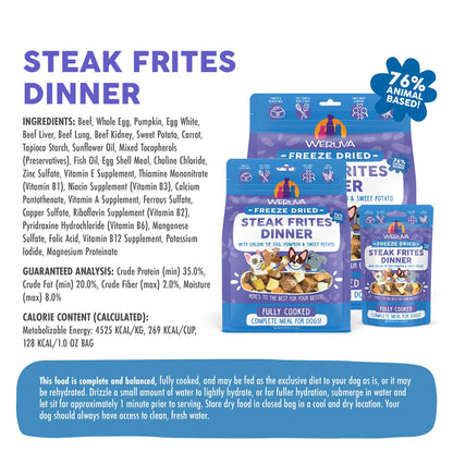 Weruva freeze dried steak frites dinner with sirloin tip,egg, pumpkin and sweet potato fully cooked complete meal for dogs 1oz