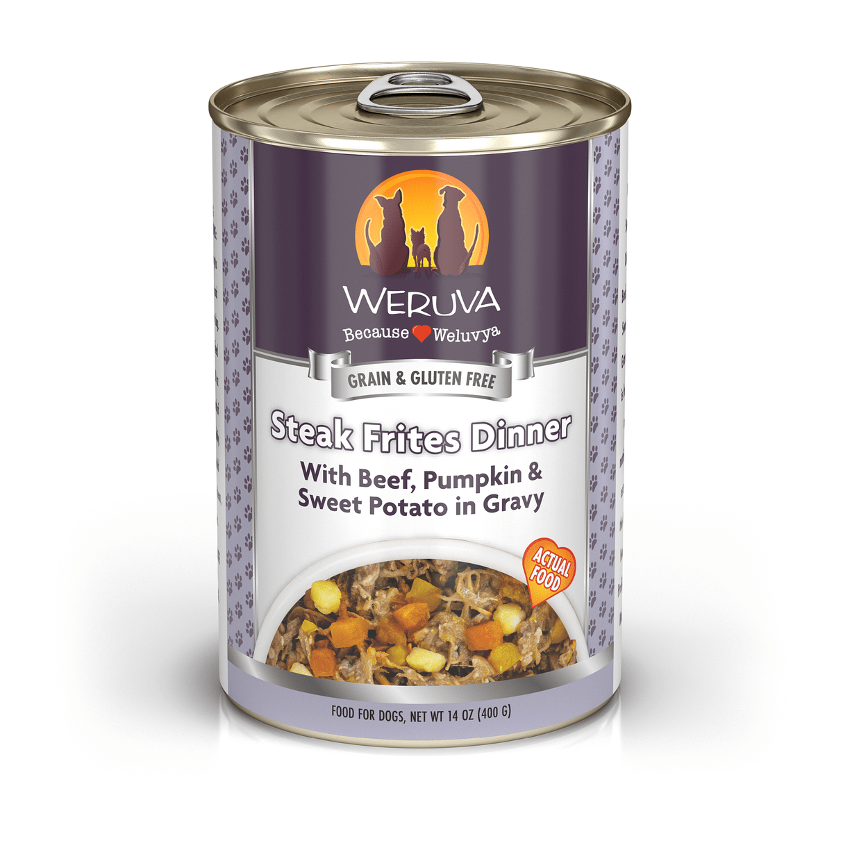 Weruva steak frites dinner with beef pumkpin and sweet potato in gravy 14oz canned food