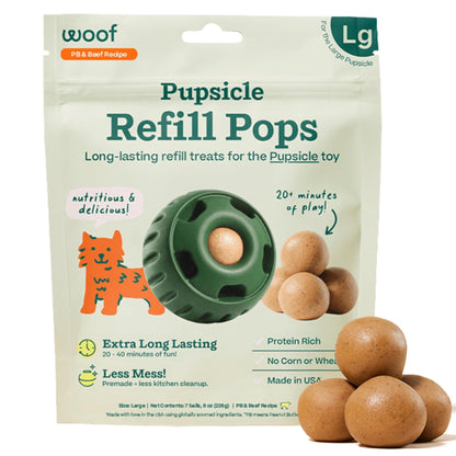 WOOF Pupsicle Refill Pops - Low - Mess Dog Snacks - with Peanut Butter and Beef - Dog Treats - Long Lasting - Large Pops - 7 Count
