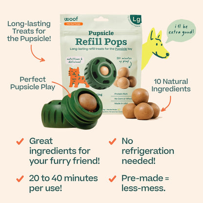 WOOF Pupsicle Refill Pops - Low - Mess Dog Snacks - with Peanut Butter and Beef - Dog Treats - Long Lasting - Large Pops - 7 Count