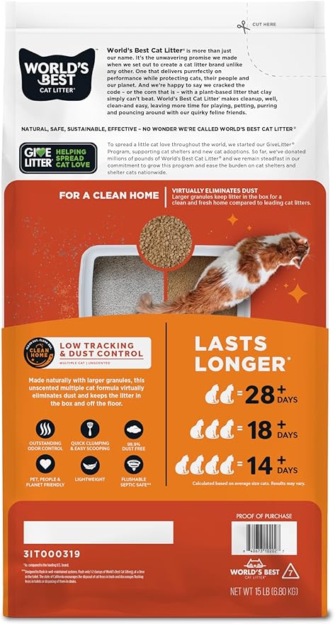 World's Best Low Tracking & Dust Control Multiple Cat Litter, 15 - lb