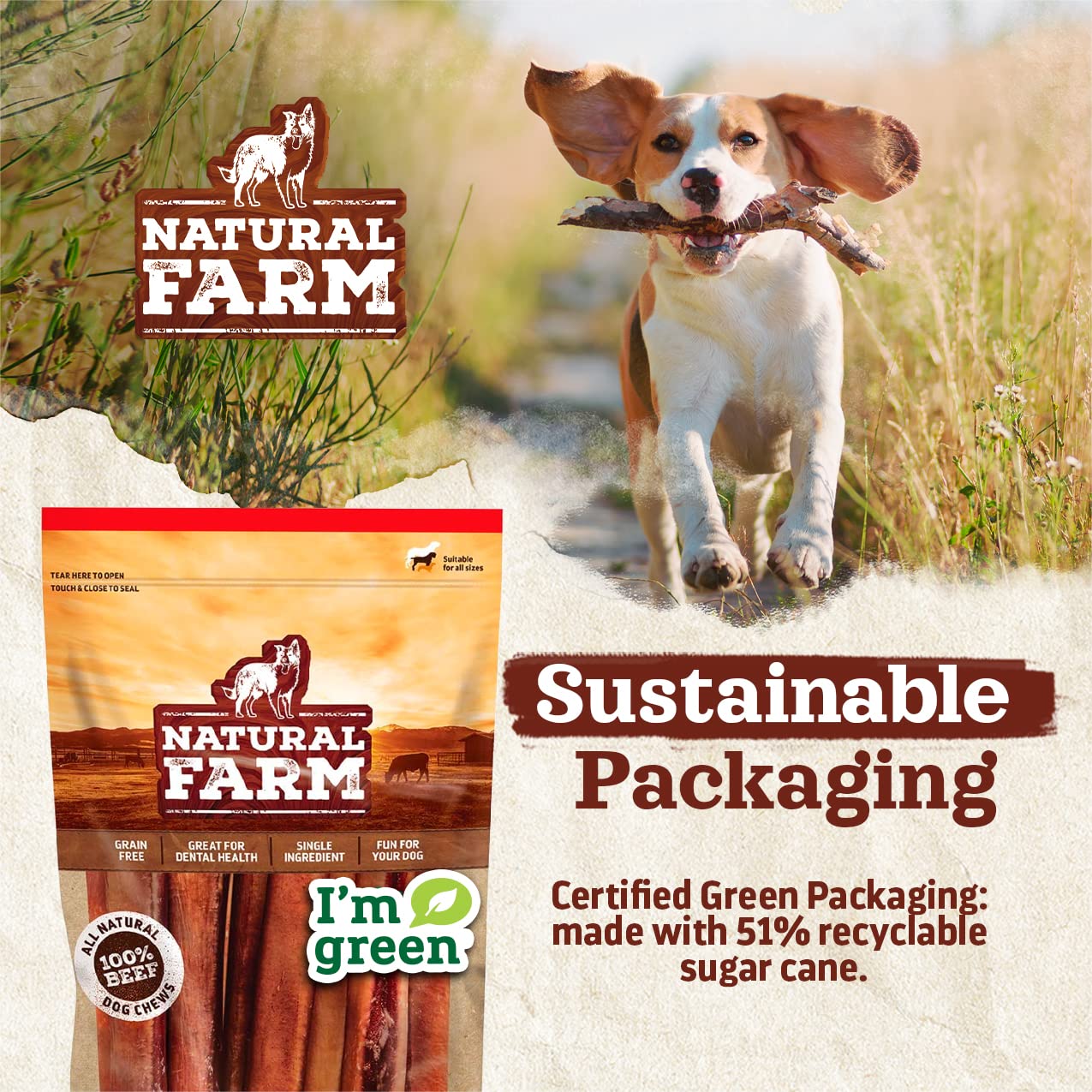 Natural Farm Odor Free Jumbo Bully Sticks (6 Inch, 12 Pack), Extra - Thick Dog Treats – Fully Digestible 100% Beef Treats, Natural Dental Chews – Keep Your Dog Busy with 50% Longer Lasting Chews